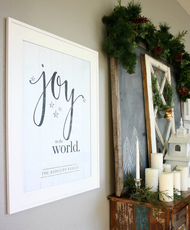 Joy To The World Personalized Print next to a Christmas vignette in a farmhouse home