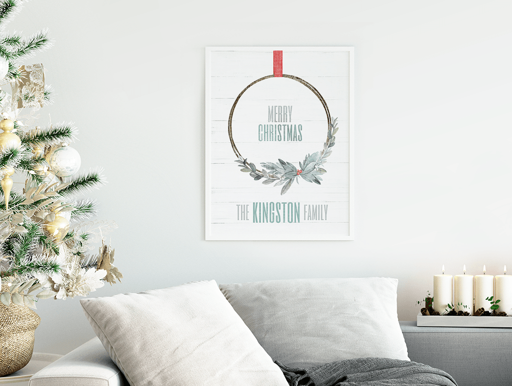 Xmas Wreath Personalized Print displayed in a bright, minimalist room decorated for Christmas