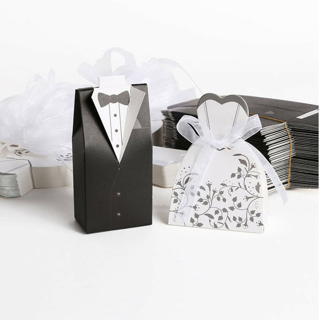 100pcs Dress & Tuxedo Bride Groom Wedding Favour Ribbon Bomboniere Candy  Box 