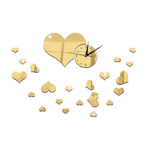 Mirror Wall Clock Love Heart DIY Creative Cartoon Decoration golden - Mega Save Wholesale & Retail