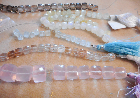 strands of gem cubes, rose quartz, aquamarine, moonstone, smoky quartz, prehnite