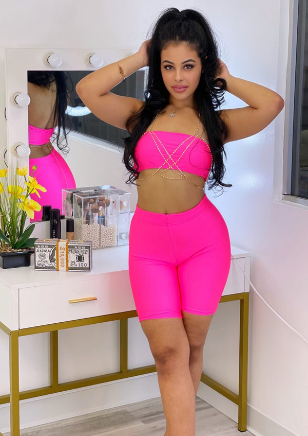 Women’s Matching Set | Bright Side Biker Shorts Set (Hot Pink) By: vatlieuinphun