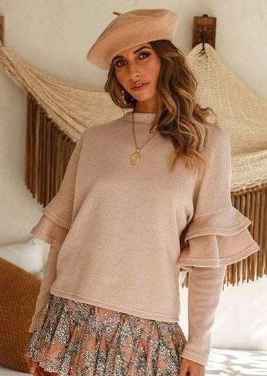 Women’s Sweaters | Palba Ruffle Long Sleeve Sweater (Beige) By: vatlieuinphun