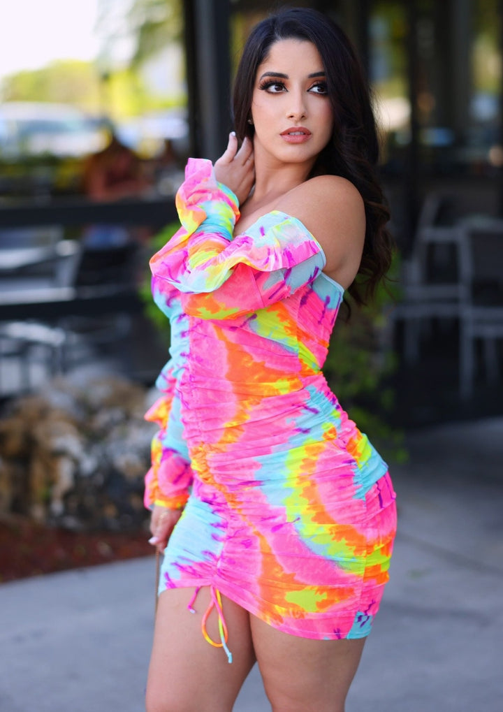 Pernella Tie Dye Off Shoulder Mini Dress - vatlieuinphun