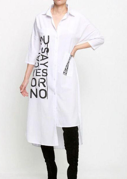 Women’s Midi Dresses | Daleah Letter Printed White Linen Shirt Midi Dress By: vatlieuinphun