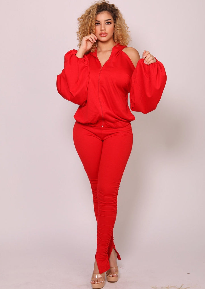 Women’s Two Piece Set | Docilla Long Sleeve Cut Off Back Top And Elastic Pants (Red) By: vatlieuinphun