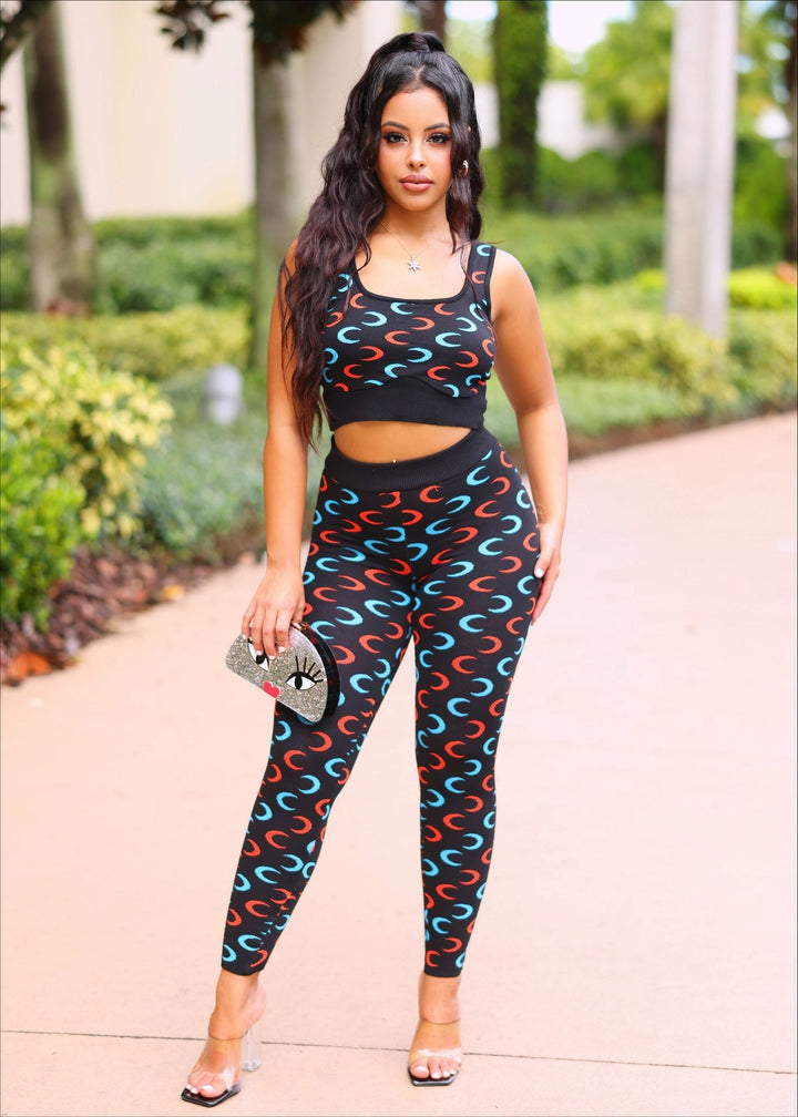 Selina Two Piece top and legging set with crescent patterns - vatlieuinphun