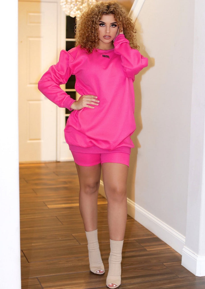 Women’s Two Piece Set | Brayden Fleece Sweater Shirt Dress & Biker Shorts Set (Pink) By: vatlieuinphun