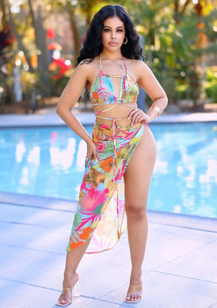 Brooke Tropical Print Bikini And Cover Up Skirt Set - vatlieuinphun