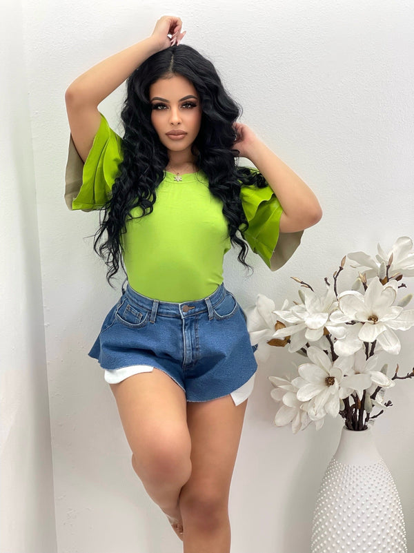 Kylien Ruffle Sleeve Green Top - vatlieuinphun