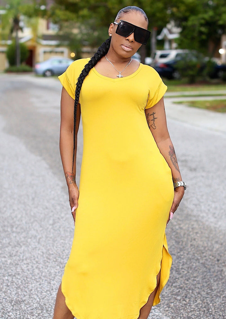 Plus Size Maxi Dresses | Kaniel V-Neck Tunic Plus Size Maxi Dress (Mustard) By: vatlieuinphun