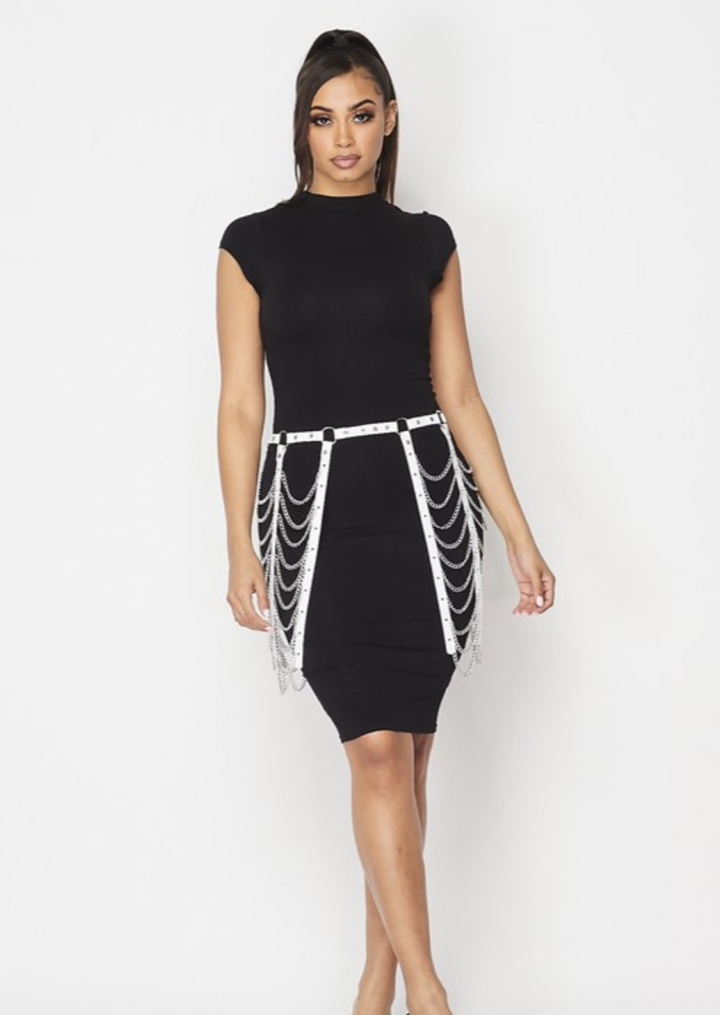 Hooked On You Chain Link Skirt Belt (Black/White) - Posh By K ,women has the latest range of Girls, Boys and Baby Clothes, Toys and more. Shop online for free shipping on all orders over $49.,Your favorite kids brands and independent boutiques, all in one magical place., body jewelry, anklets, socks, belts, fashion jewelry, body accessories, trendy accessories, trendy fashion, chain accessories