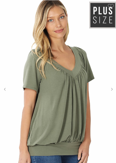 Women’swomen has the latest range of Girls, Boys and Baby Clothes, Toys and more. Shop online for free shipping on all orders over $49.,Your favorite kids brands and independent boutiques, all in one magical place. | Bane Plus V-Neck Short Sleeve Shirring Top (Lt Olive) By: vatlieuinphun