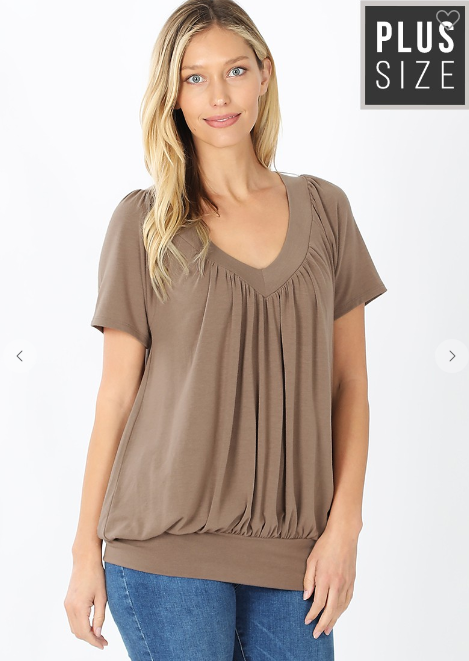 Women’swomen has the latest range of Girls, Boys and Baby Clothes, Toys and more. Shop online for free shipping on all orders over $49.,Your favorite kids brands and independent boutiques, all in one magical place. | Bane Plus V-Neck Short Sleeve Shirring Top (Mocha) By: vatlieuinphun