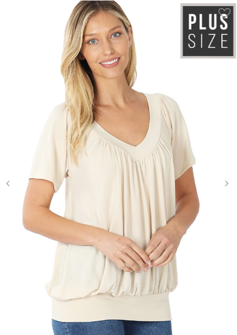 Women’swomen has the latest range of Girls, Boys and Baby Clothes, Toys and more. Shop online for free shipping on all orders over $49.,Your favorite kids brands and independent boutiques, all in one magical place. | Bane Plus V-Neck Short Sleeve Shirring Top (Taupe) By: vatlieuinphun