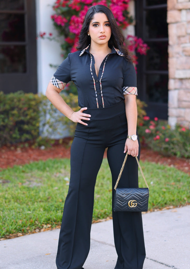 Barbara Short Sleeve Plaid Collar Shirt Top - Black - vatlieuinphun