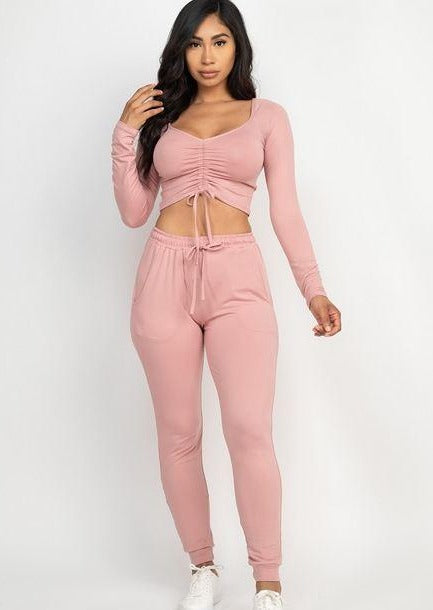 Women’s Two Piece Set | Whisper Strap Ruched Crop Top And Jogger Pants Set (Mauve) By: vatlieuinphun