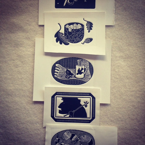 Cameron Short's set of Block-prints for The Maker's Tales, The New Craftsmen, London