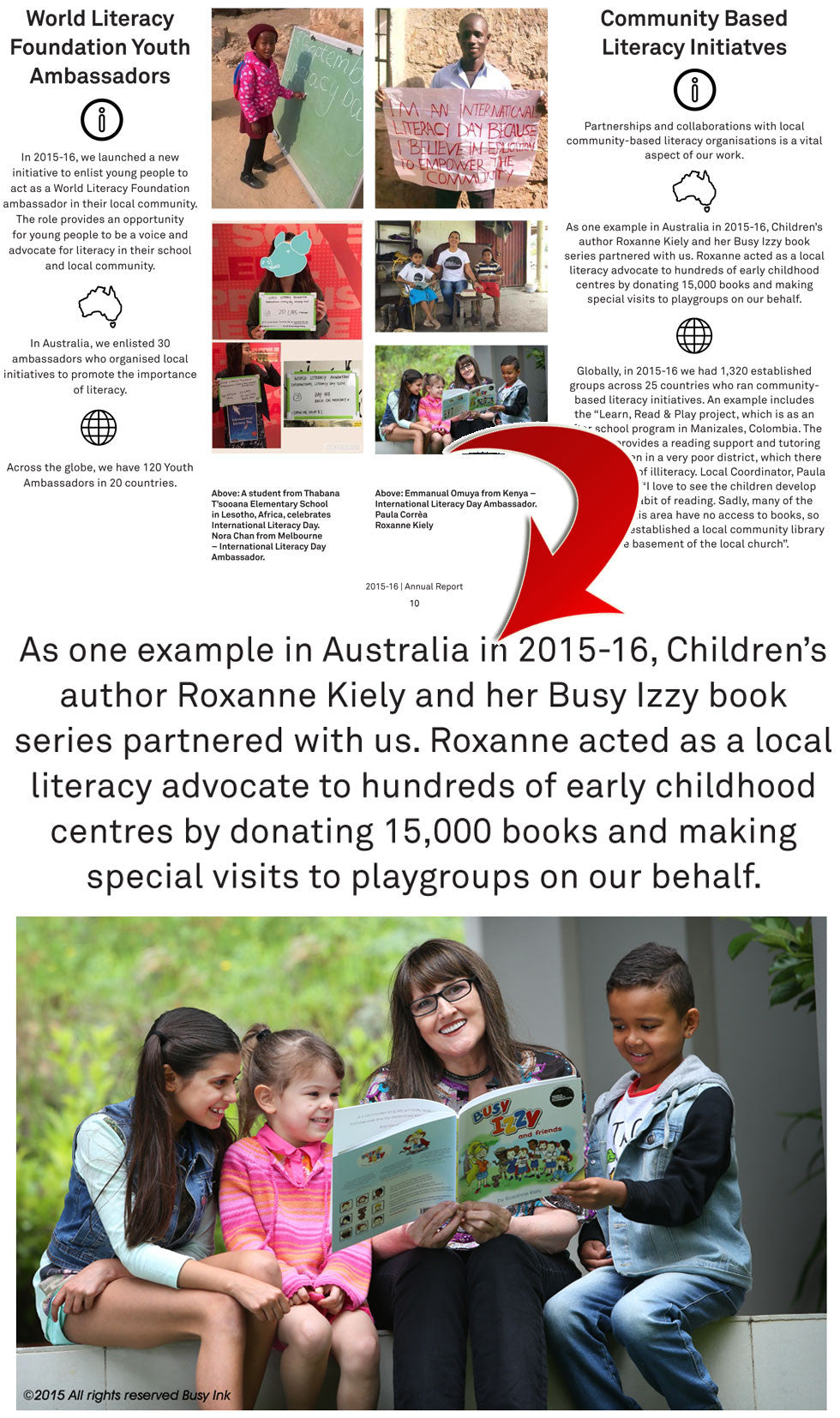 World Literacy Foundation Annual Report 2015-16 referencing Roxanne Kiely and the Busy Izzy project