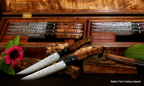 Close up detail of Salter Fine Cutlery custom handmade steak knives in box