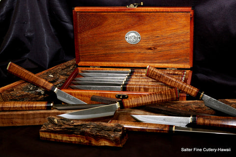 Custom handcrafted steak knife set with decorative handles in gift box by Salter Fine Cutlery