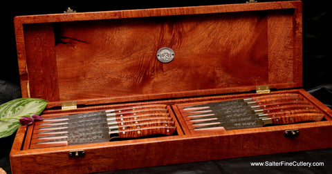 12-piece custom handmade steak knife set in presentation box.
