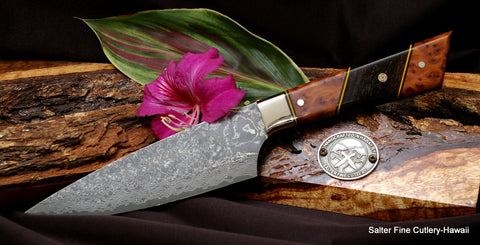 150mm small chef knife with Thuya burl handle and ebony decorative accent