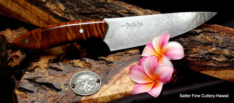 150mm hand-forged damascus chef knife with koa wood handle Salter Fine Cutlery