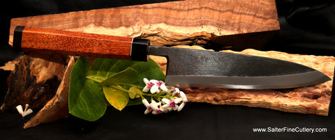Shirogami carbon steel chef knife with black matte finish with handle of kiawe, ebony, and buffalo horn with nickel-silver accent