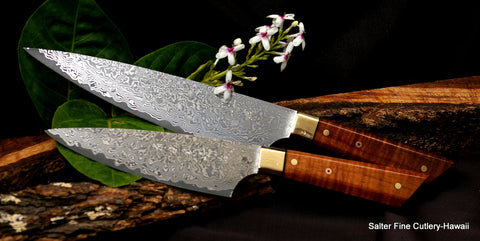 hand-forged 2-pc chef knife set with brass bolsters black accents and one decorative mosaic pin