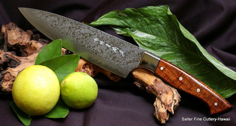 Handcrafted chef knife with stainless damascus 8 inch blade and exotic hardwood handle by Salter Fine Cutlery