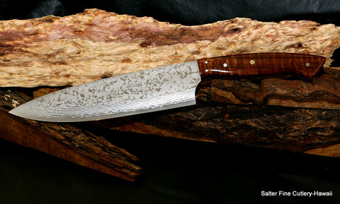210mm chef knife with Hawaiian curly koa wood handle and hand-forged VG10 Japanese damascus blade from Salter Fine Cutlery