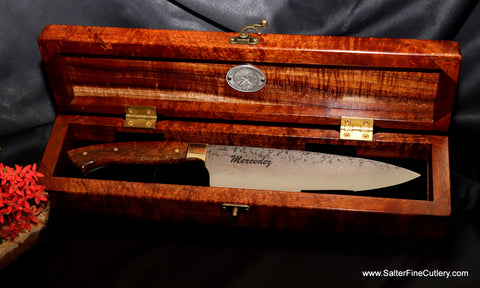 Salter Fine Cutlery handcrafted presentation box to accompany handmade chef knife with customized engraving