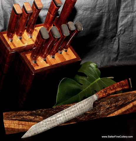 Slicing knife as shown part of 11-piece custom chef knife set with knife block by Salter Fine Cutlery of Hawaii