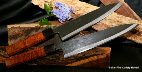 Special order chef knives with black matte finish plus ebony and kiawe wood handles