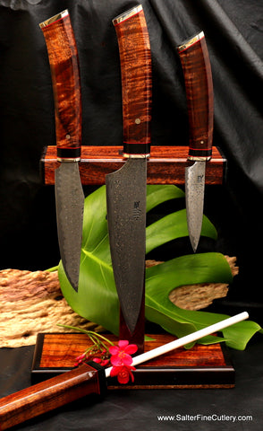 Small handforged chef knife set with magnetic stand and integrated sharpening rod by Salter Fine Cutlery