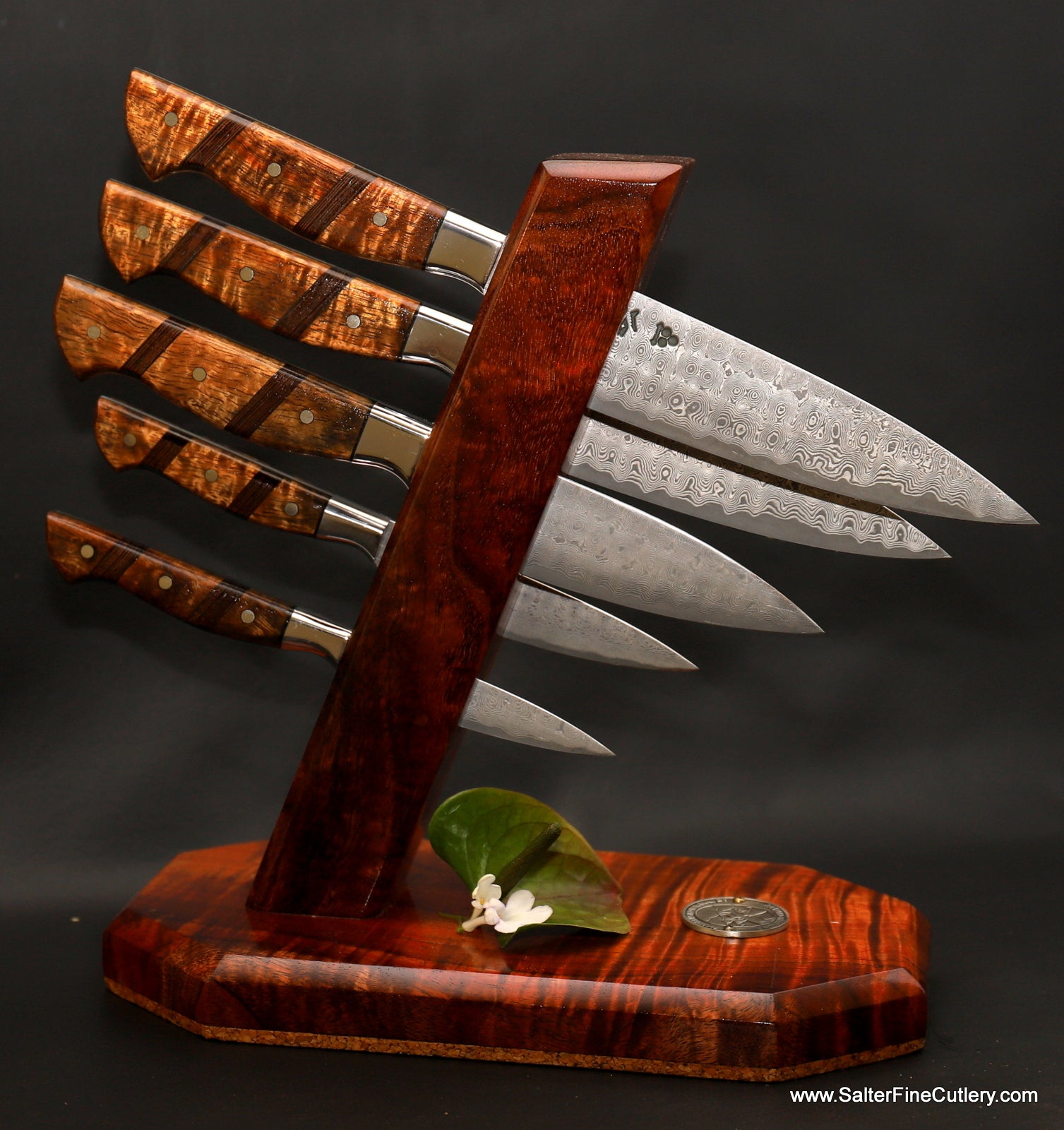 5-piece chef knife set featuring our full tang "western-style' handles with custom decorative accents and tower stand by Salter Fine Cutlery