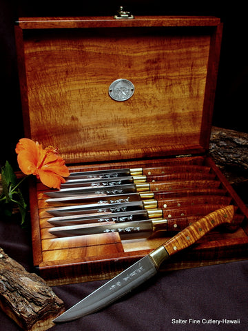 R2 stainless handcrafted steak knife set with brass bolsters and black accent options