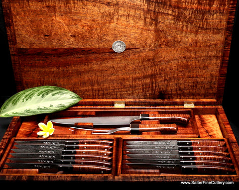Beautiful large steak knife and carving knife set in Hawaiian curly koa wood presentation display box by Salter Fine Cutlery