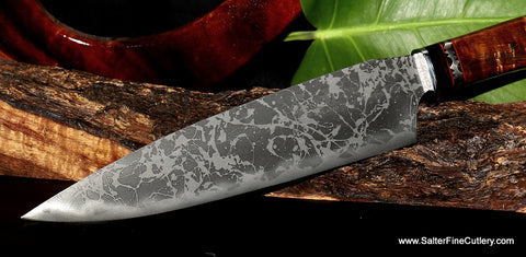 Blade and decorative filework detail on our Salter Kiku collaboration MkII Ltd Edition collectible knife from Salter Fine Cutlery of Hawaii