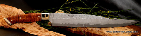 Long hand-forged custom damascus carving knife from Salter Fine Cutlery of Hawaii