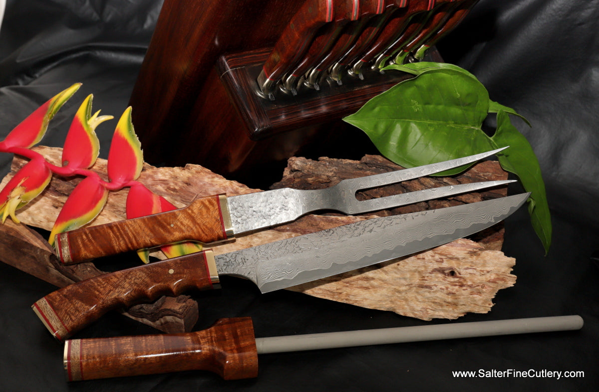 Choose a carving knife or set with your choice of traditional or special artist-series custom handles from Salter Fine Cutlery of Hawaii