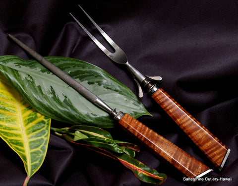 Your favorite knives or knife set re-handled with our curly Hawaiian koa wood