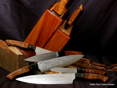 Combination chef and steak knife set with light wood knife block by Salter Fine Cutlery of Hawaii