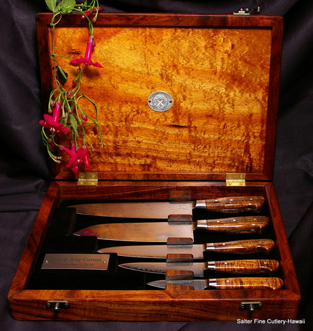 5-piece custom chef knife set in presentation box with engraved plate