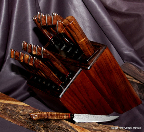 19-piece custom chef and steak knife set with black accents on knife block