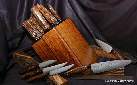 Large custom combination steak and chef knife set in beautiful and impressive curly koa wood matching knife block from Salter Fine Cutlery of Hawaii
