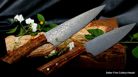 2-piece handmade chef knife set with VG10 stainless damascus handforged Japanese blades and exotic handcrafted Hawaiian koa wood handles