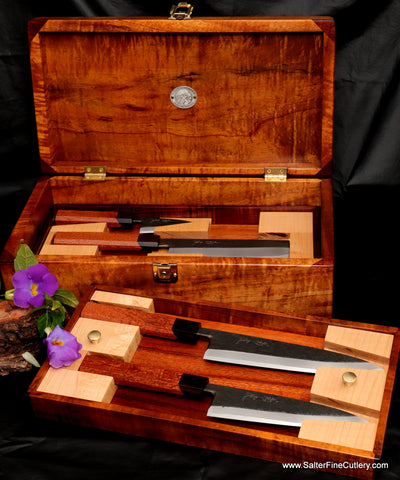 This 5-piece chef knife set was made for a chef who loved high-quality traditional carbon steel knives but needed secure storage with a large extended family containing several small children. 5-piece knife set included a beautiful koa wood box with locking latch for secure storage by Salter Fine Cutlery
