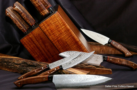 Custom handcrafted stainless damascus chef and steak knife set in exotic Hawaiian koa wood knife block by Salter Fine Cutlery of Hawaii